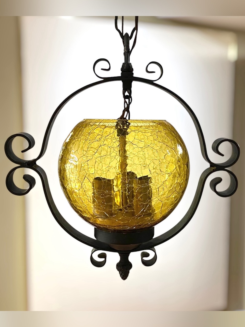 Vintage Amber Wrought Iron Hanging 3 Bulb Ceiling Light Crackle Glass MCM